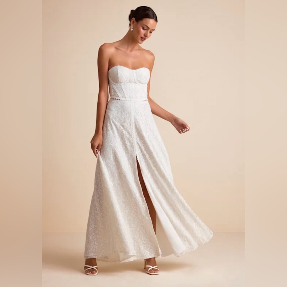 Lulu's White Strapless Lace A-Line Dress with Front Slit
